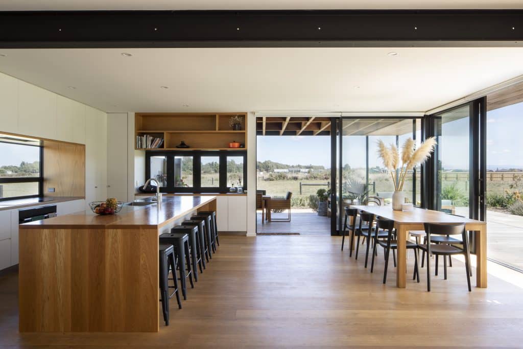 European Oak Floors in open plan kitchen dining. warm natural oak colour tone flooring.