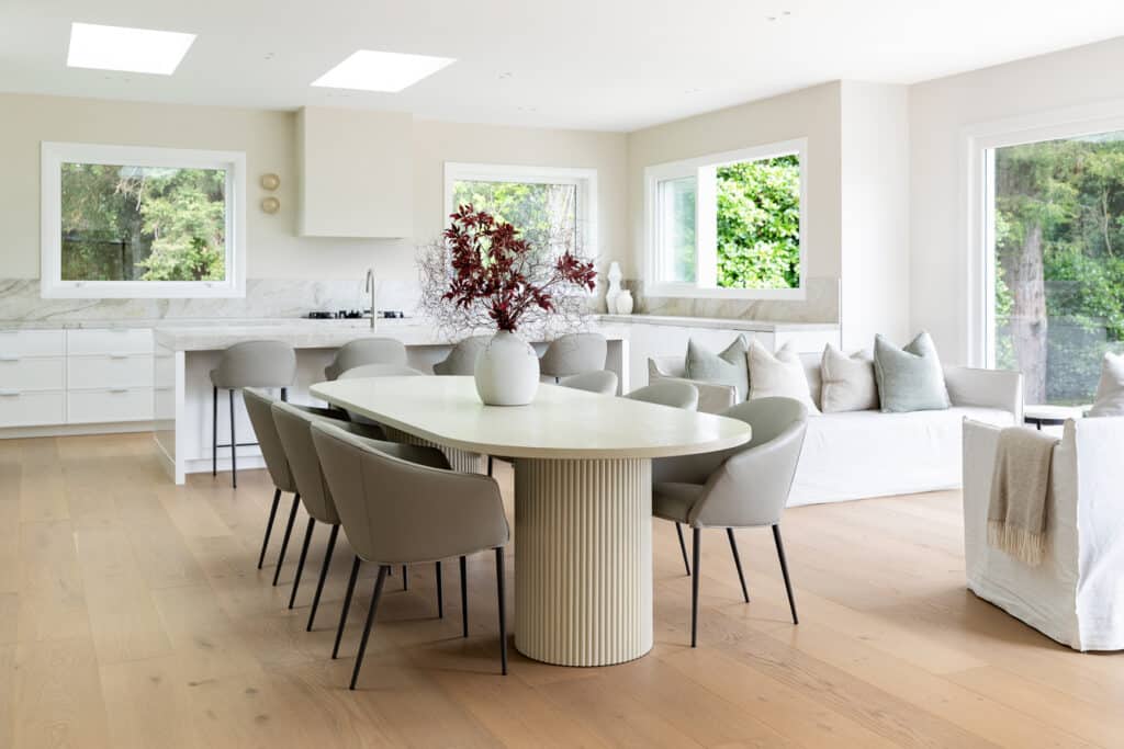 French Oak floorboards in open dining area light coloured timber floor