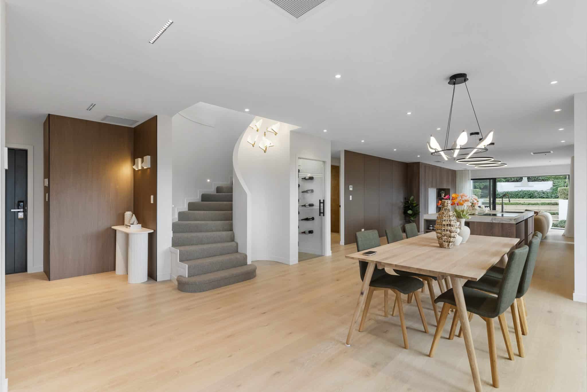 open plan Auckland home with European oak hardwood flooring